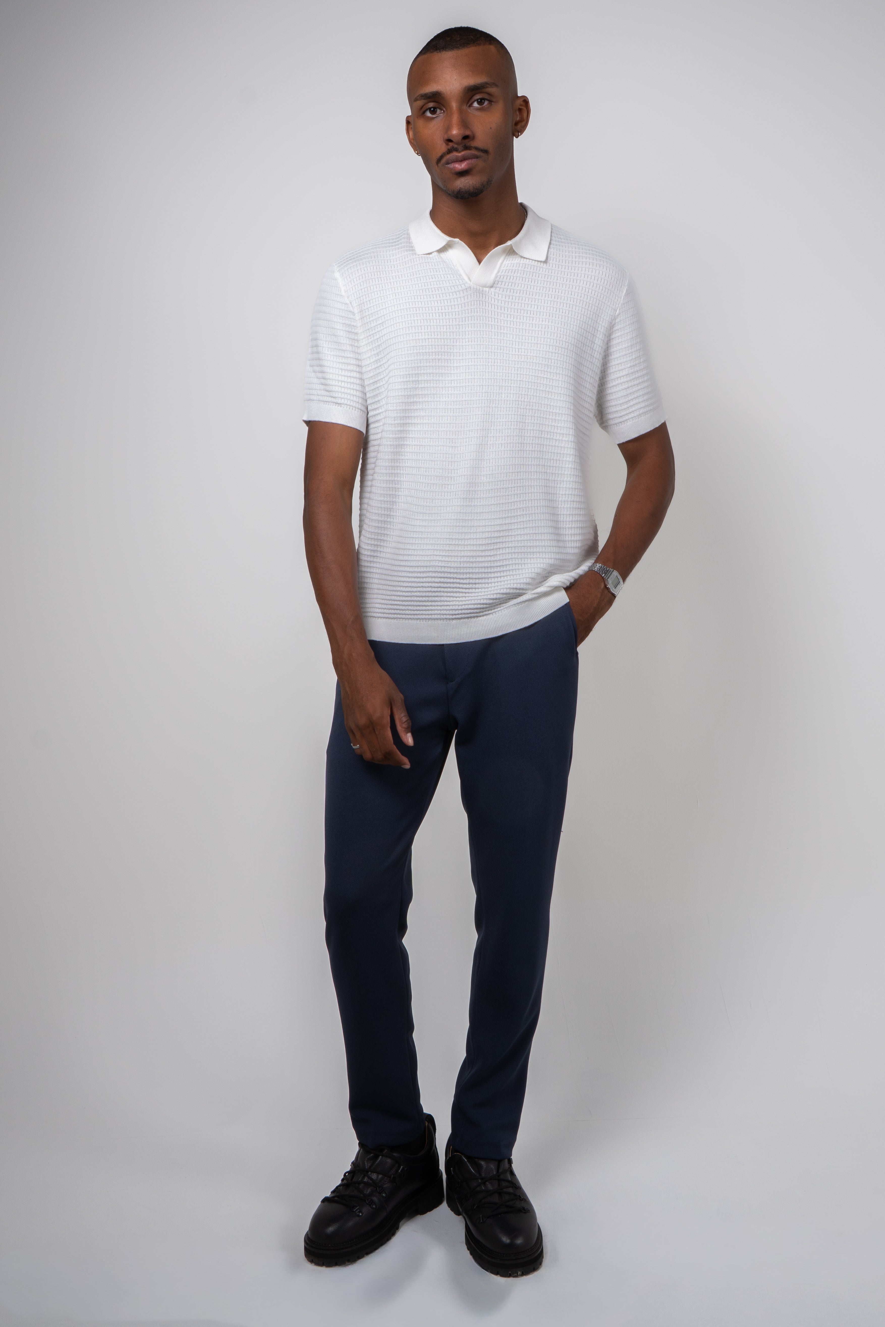 Polo Masculina Tricot Texturizada Arejada Branca