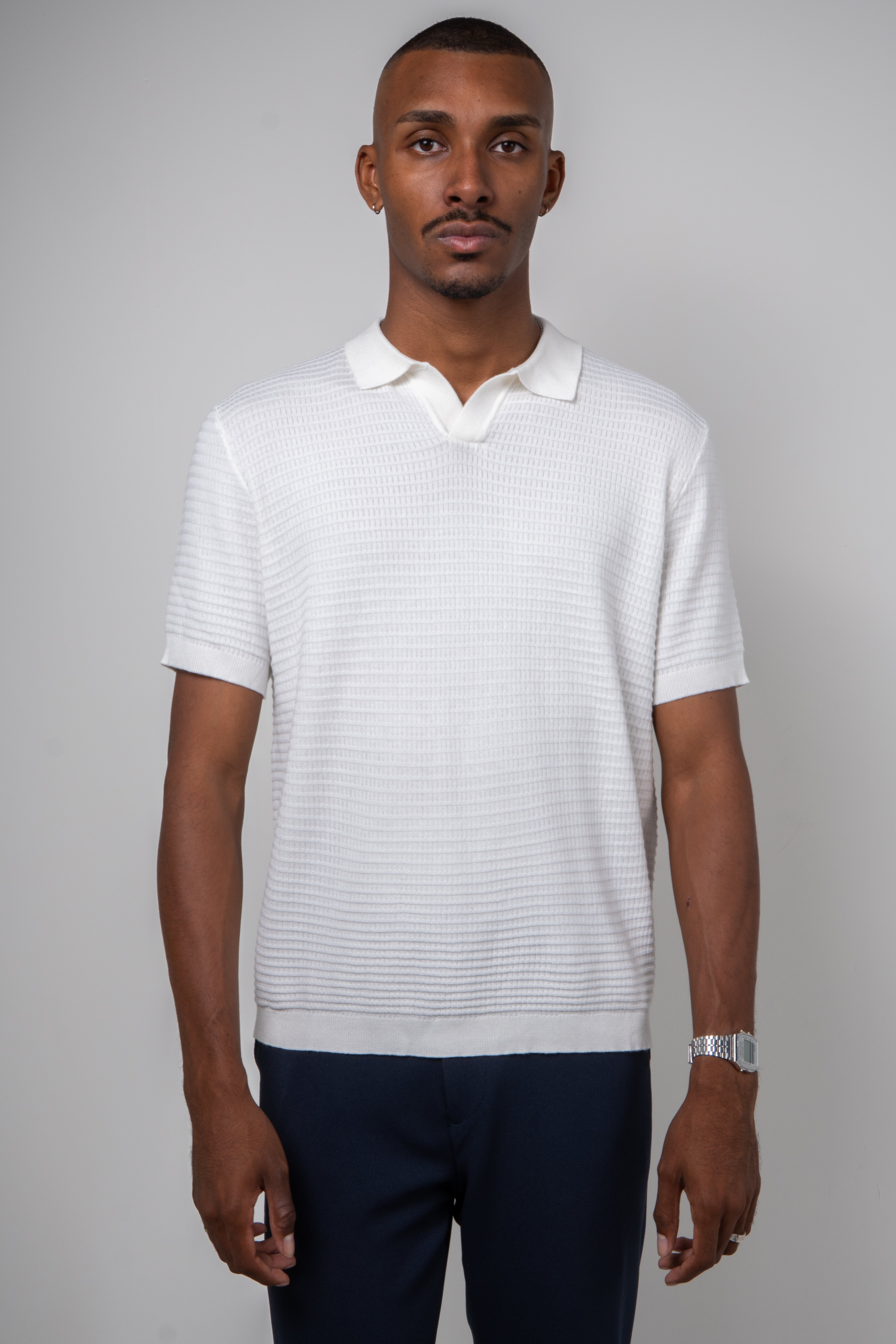 Polo Masculina Tricot Texturizada Arejada Branca