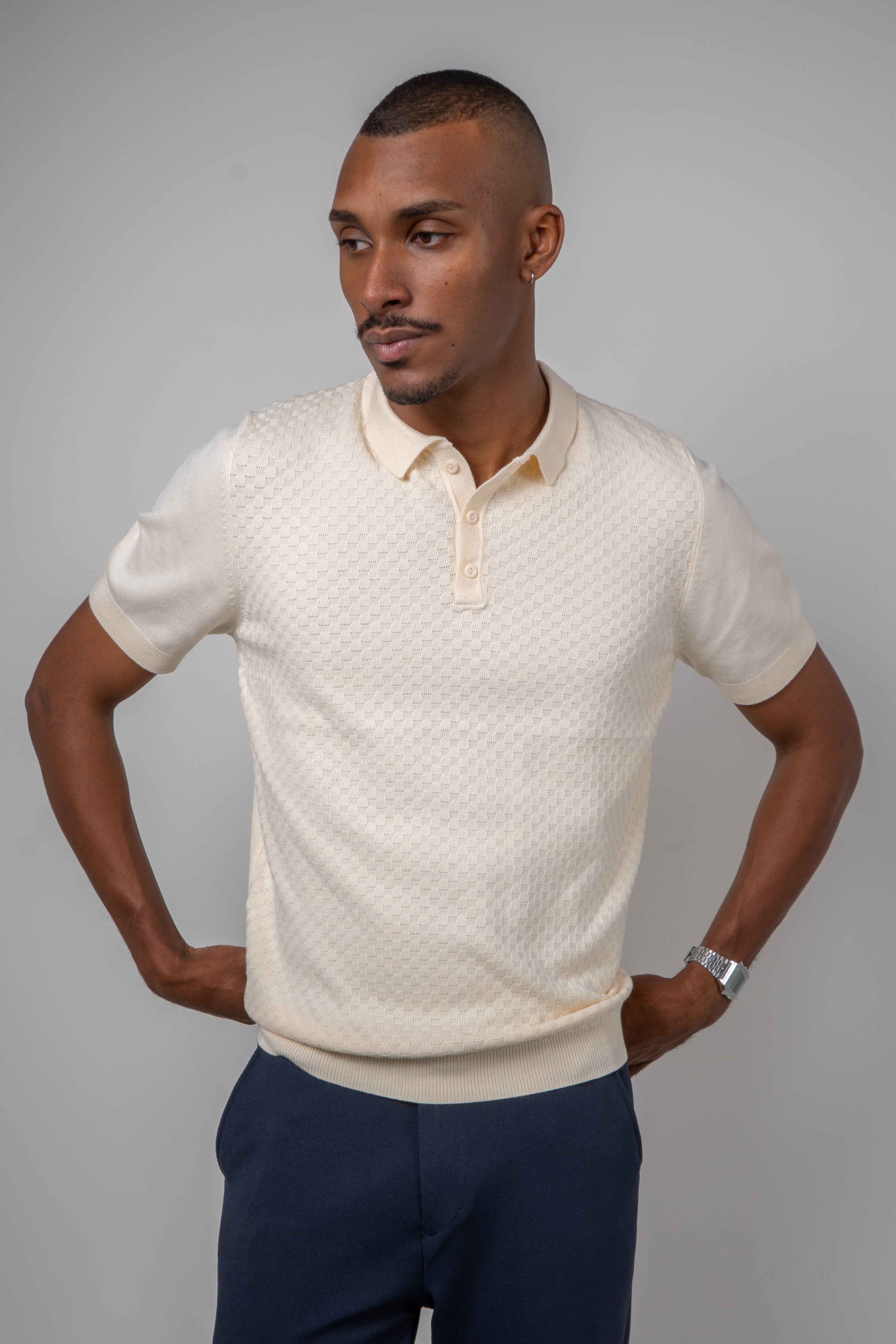Polo Masculina Tricot Texturizada Premium Quadriculada