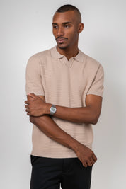 Polo Masculina Tricô Texturizada Branca Manga Curta Arejada Bege