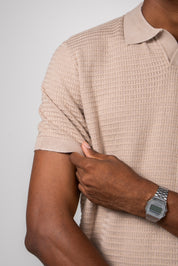 Polo Masculina Tricô Texturizada Branca Manga Curta Arejada Bege