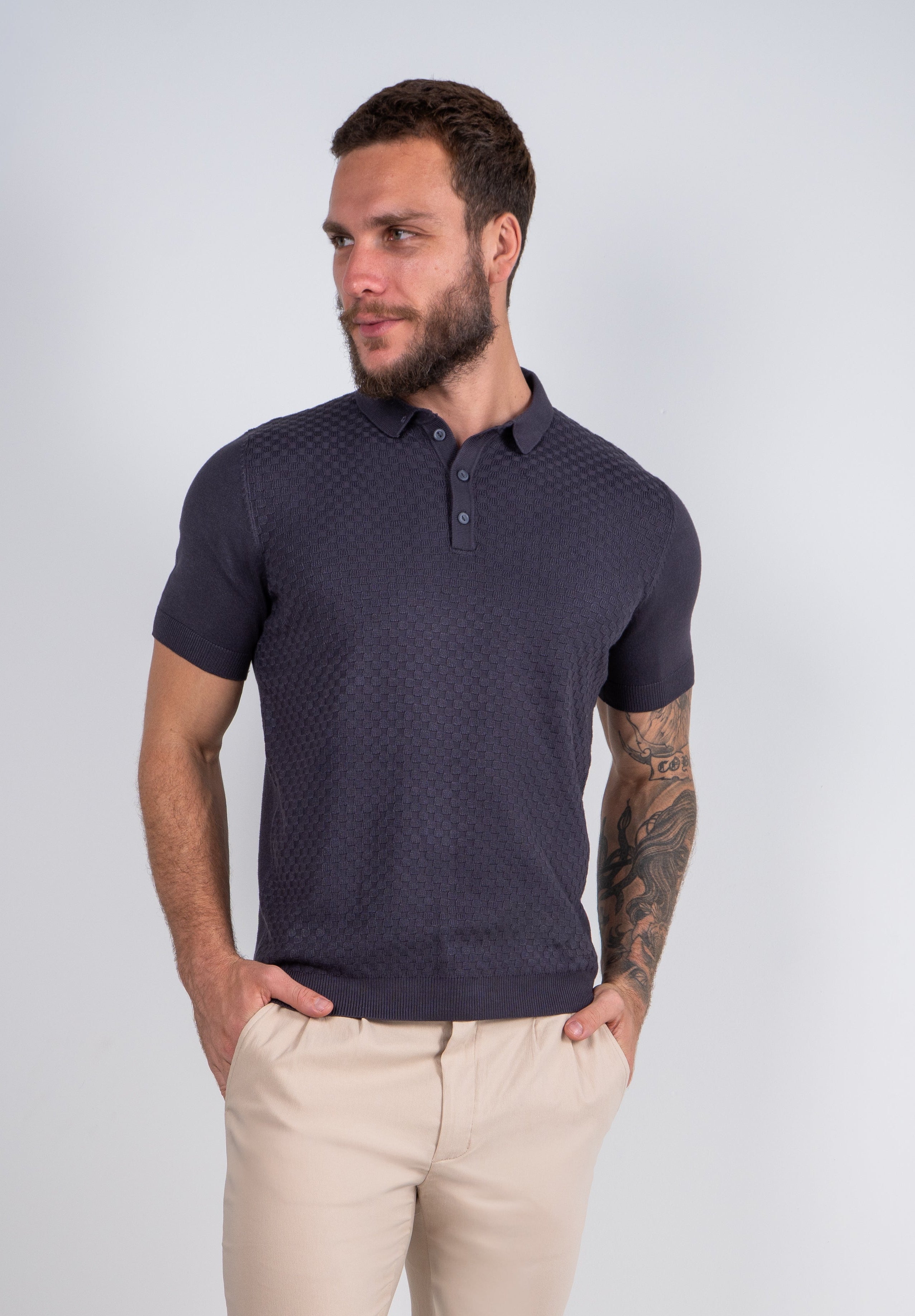 Polo Masculina Tricot Texturizada Premium Quadriculada