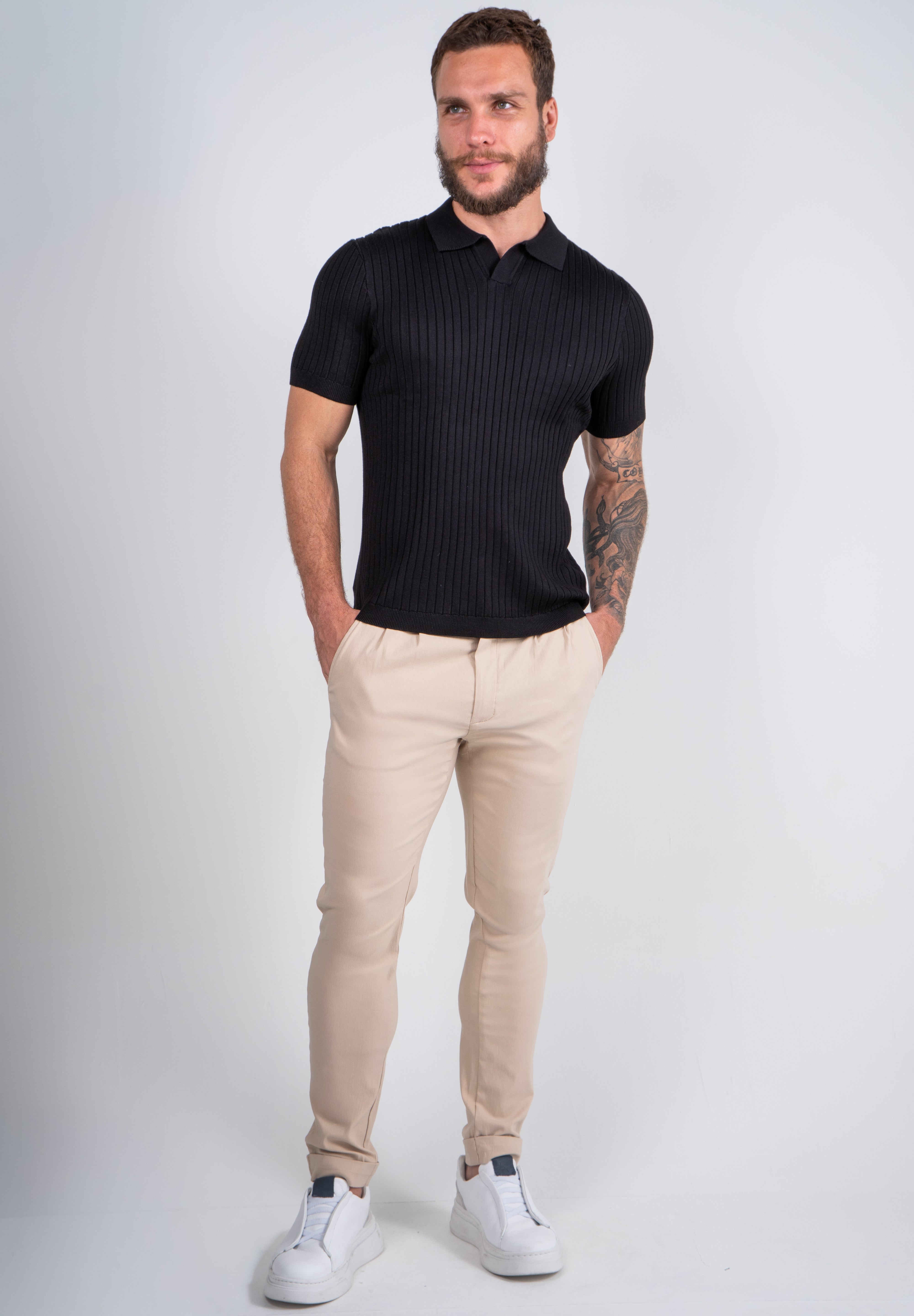 Camisa Polo Masculina Tricot Canelada Gola Italiana