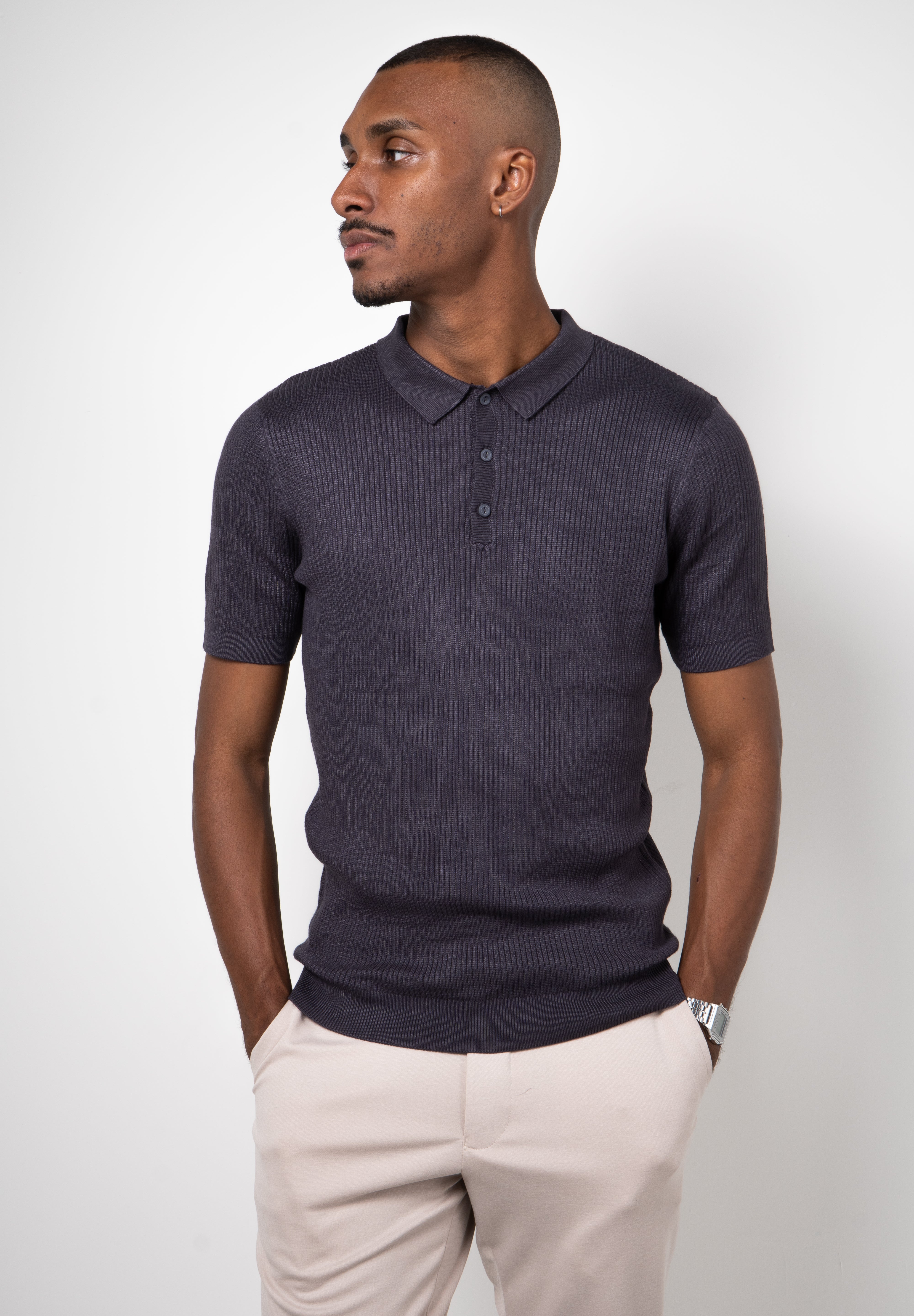 Polo Masculina Tricot Texturizada Ribana
