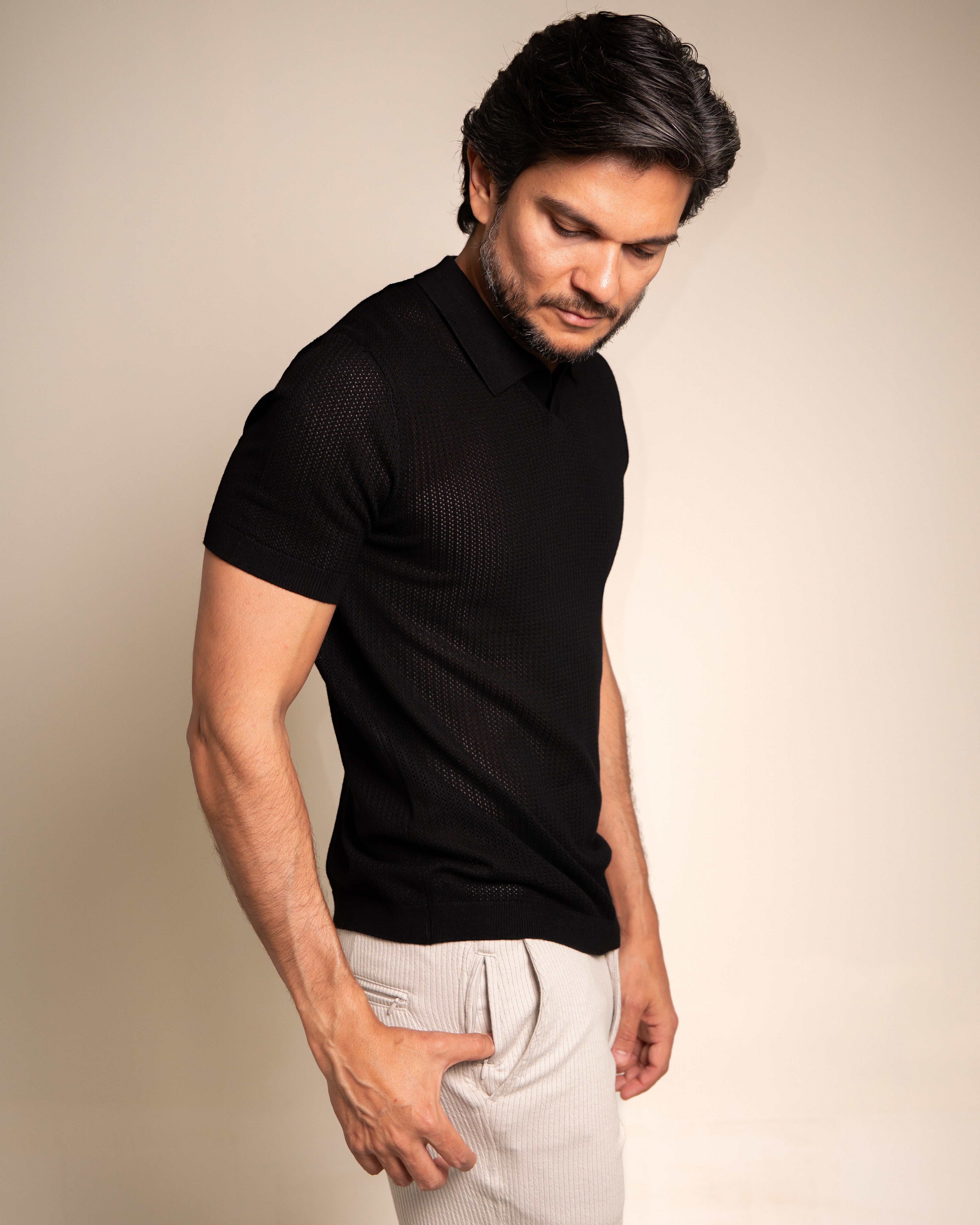 Polo Tricot Gola V Texturizada