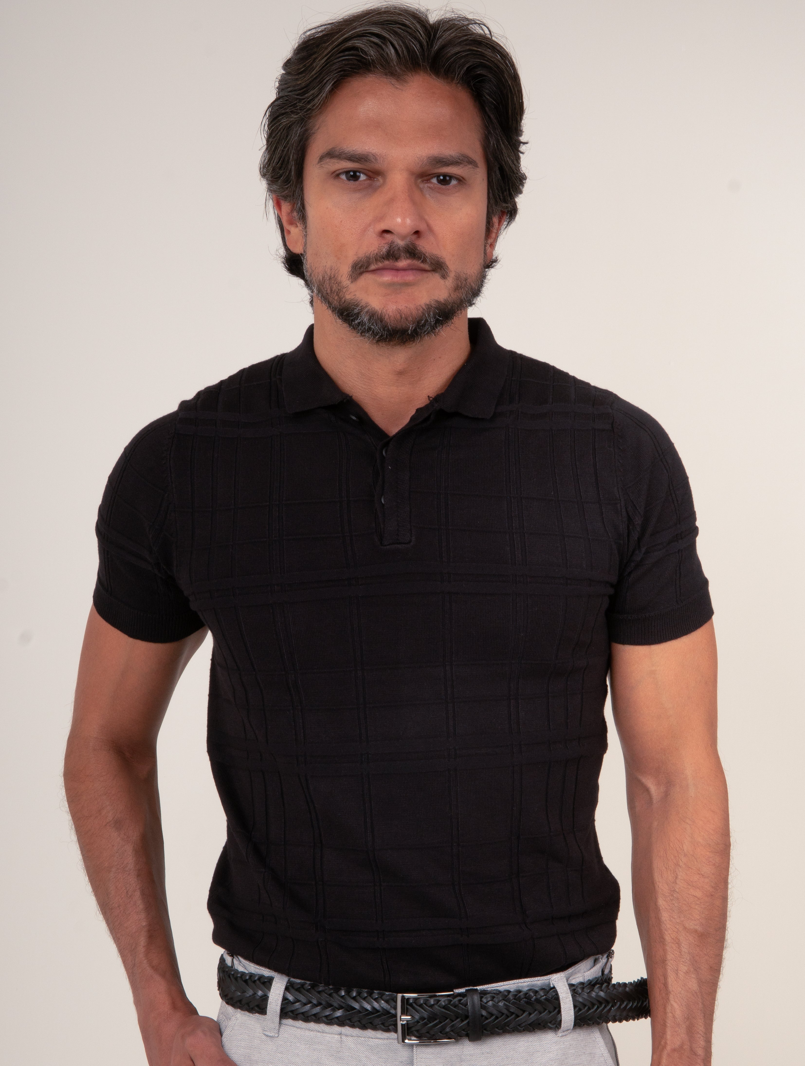 Polo Masculina Tricot Texturizada Preto