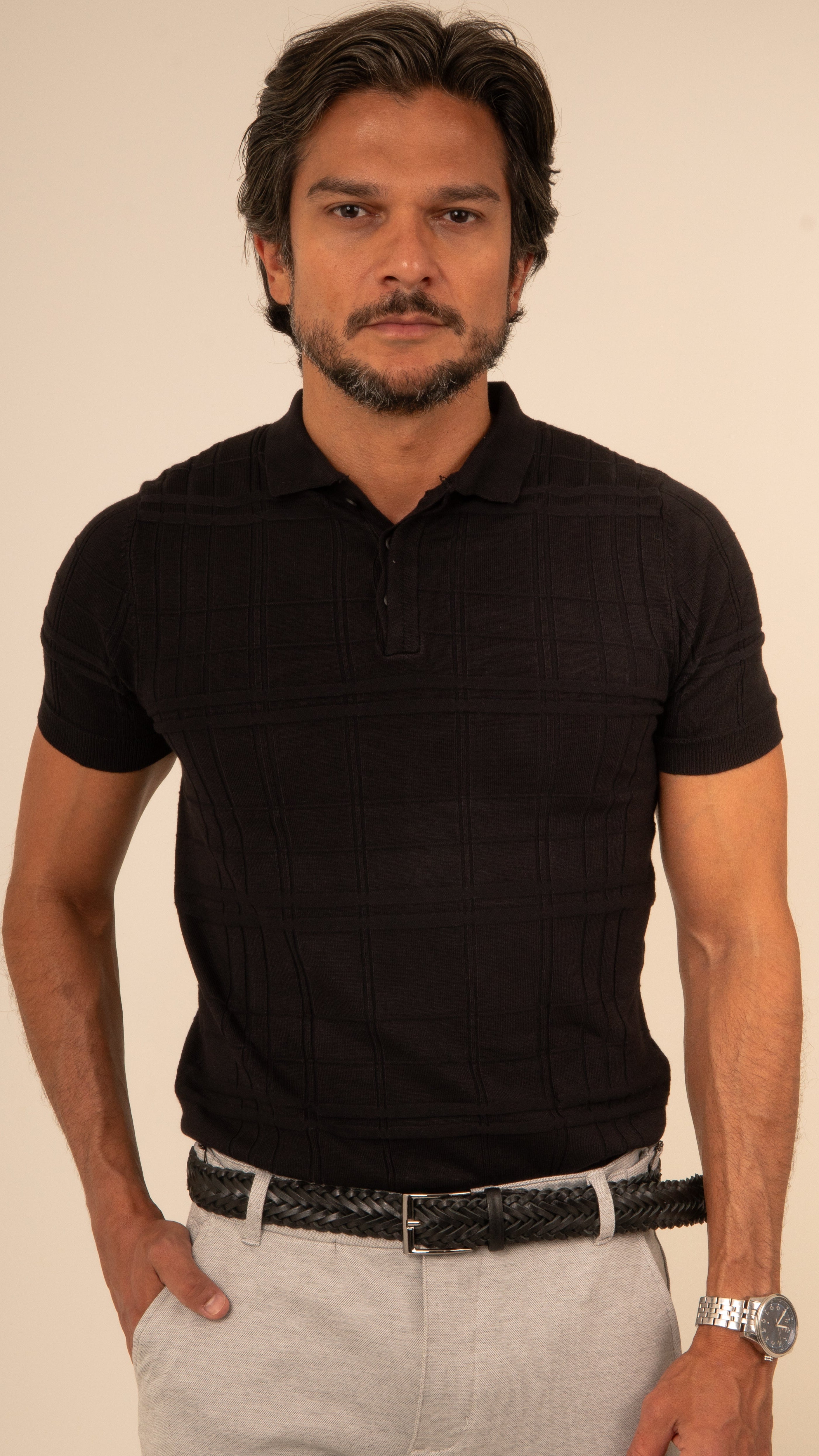 Polo Masculina Tricot Texturizada Preto