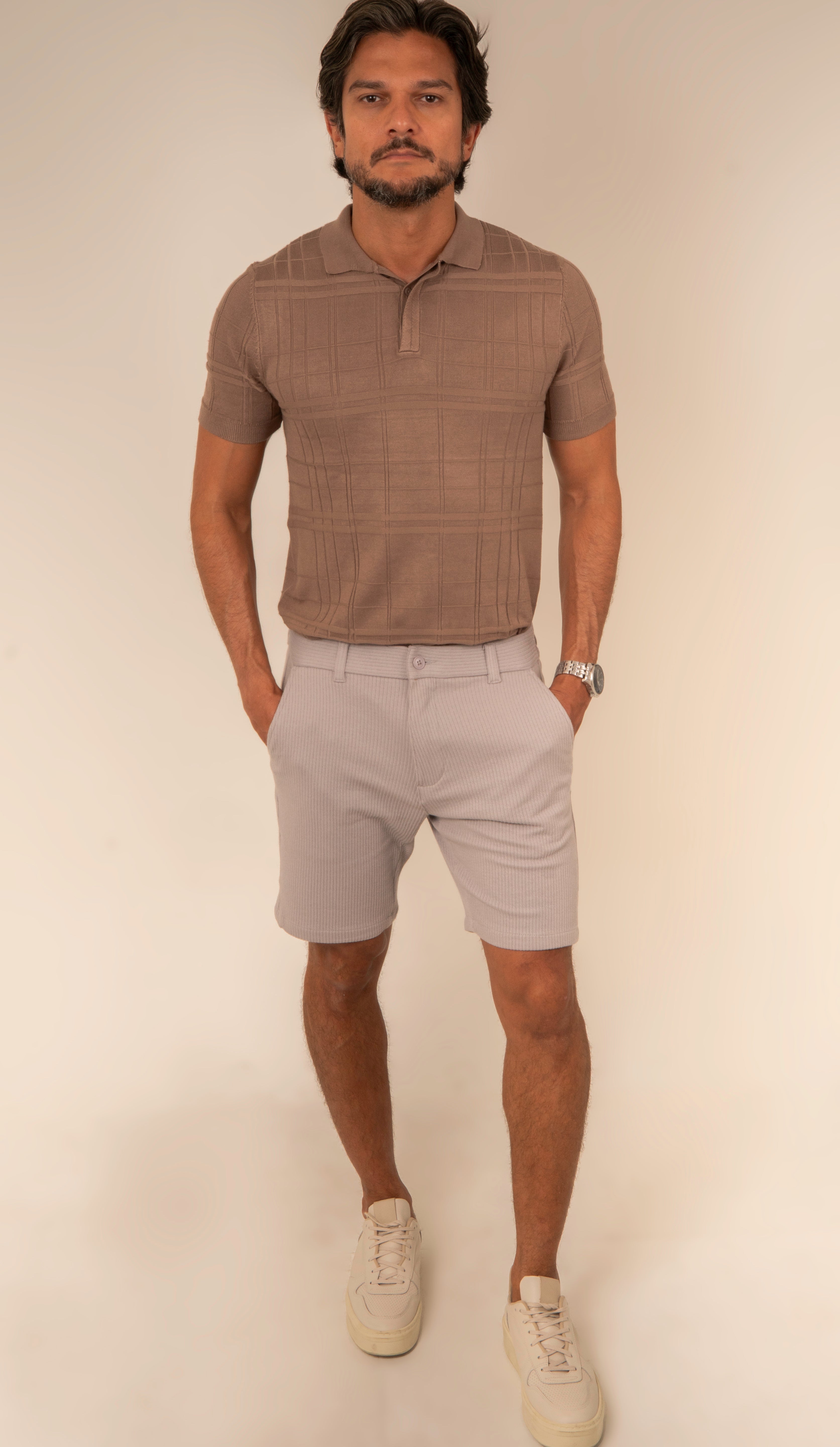 Polo Masculina Tricot Texturizada Marrom