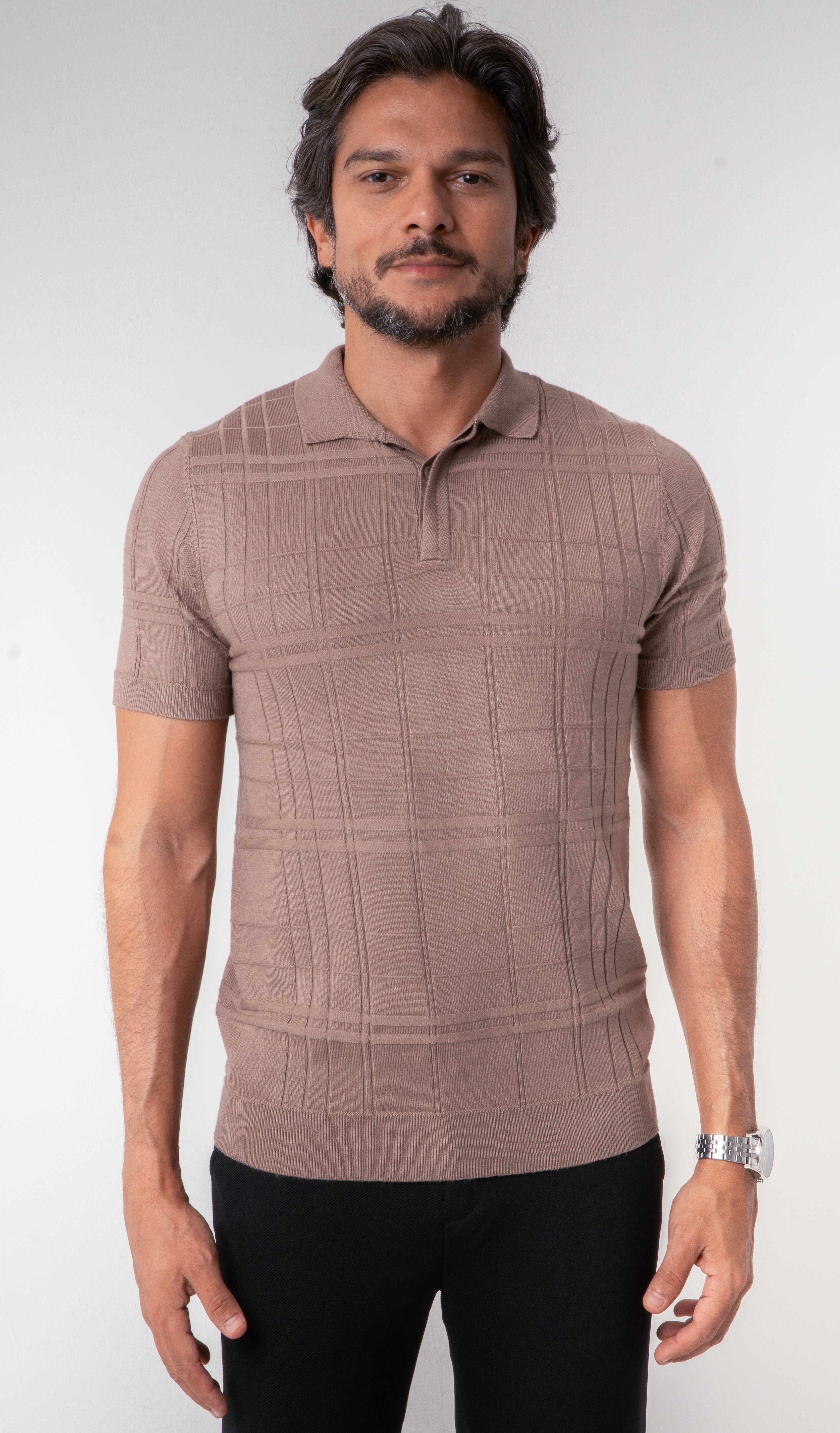 Polo Masculina Tricot Texturizada Marrom