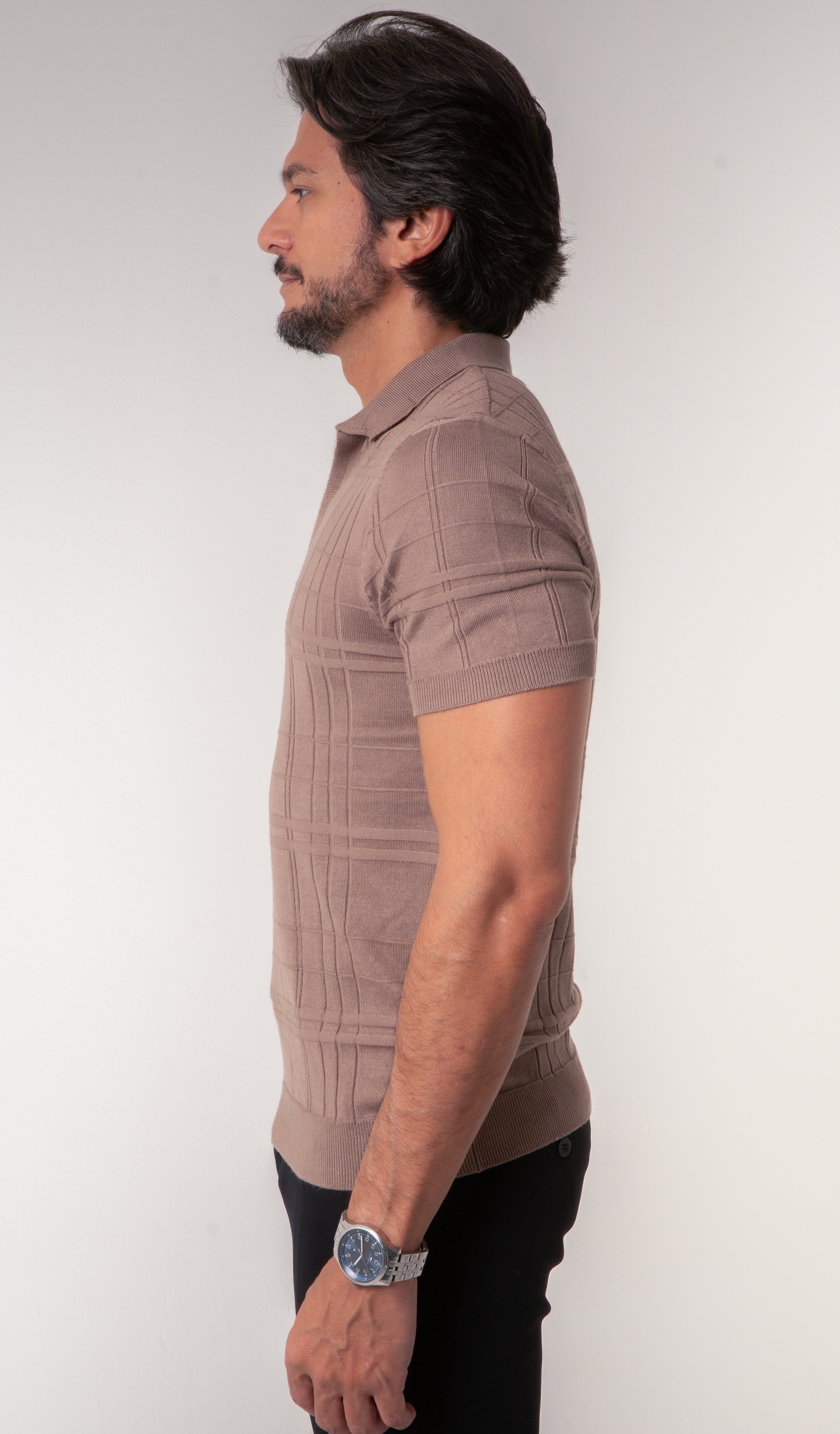 Polo Masculina Tricot Texturizada Marrom