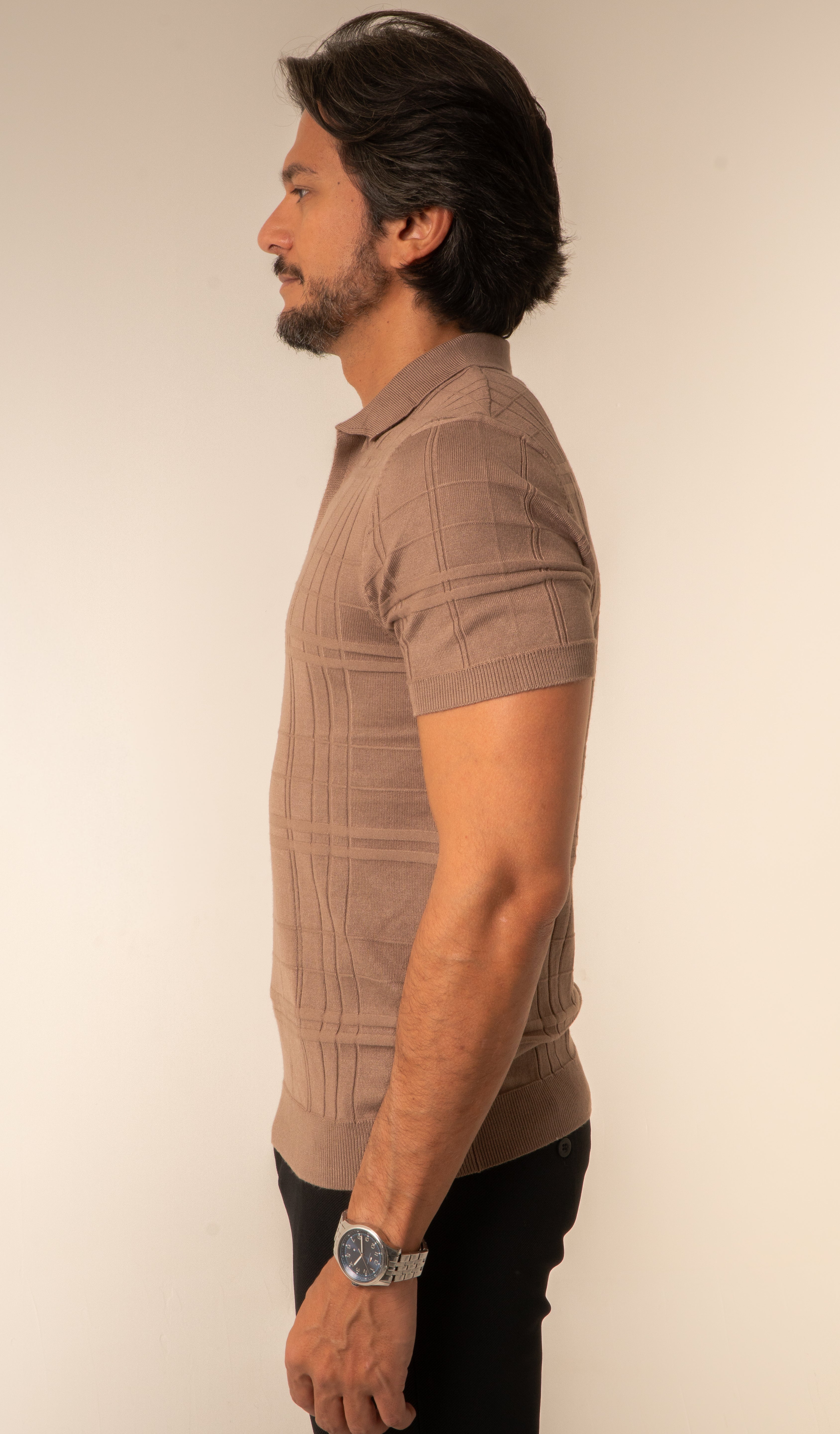 Polo Masculina Tricot Texturizada Marrom