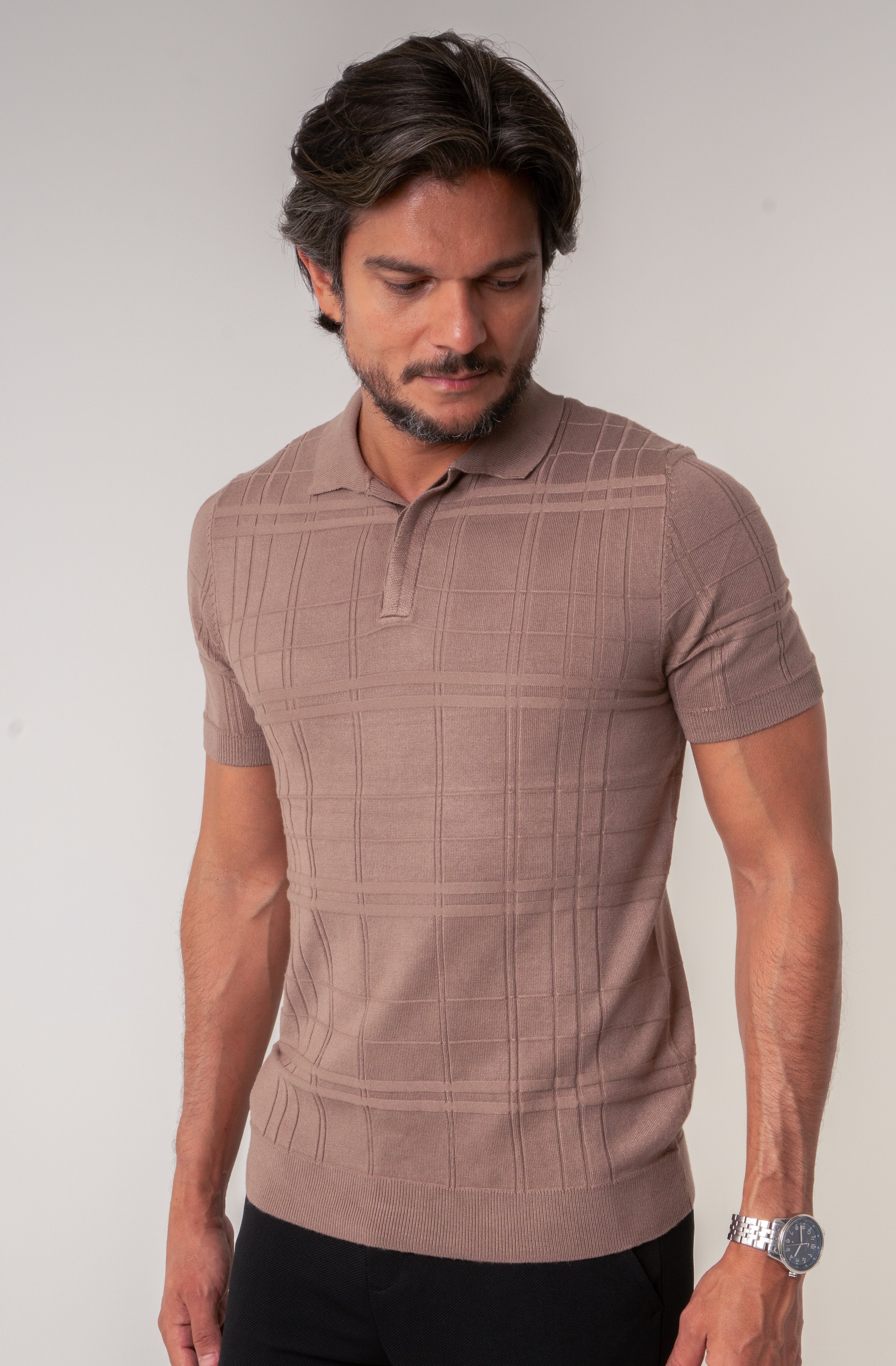 Polo Masculina Tricot Texturizada Marrom