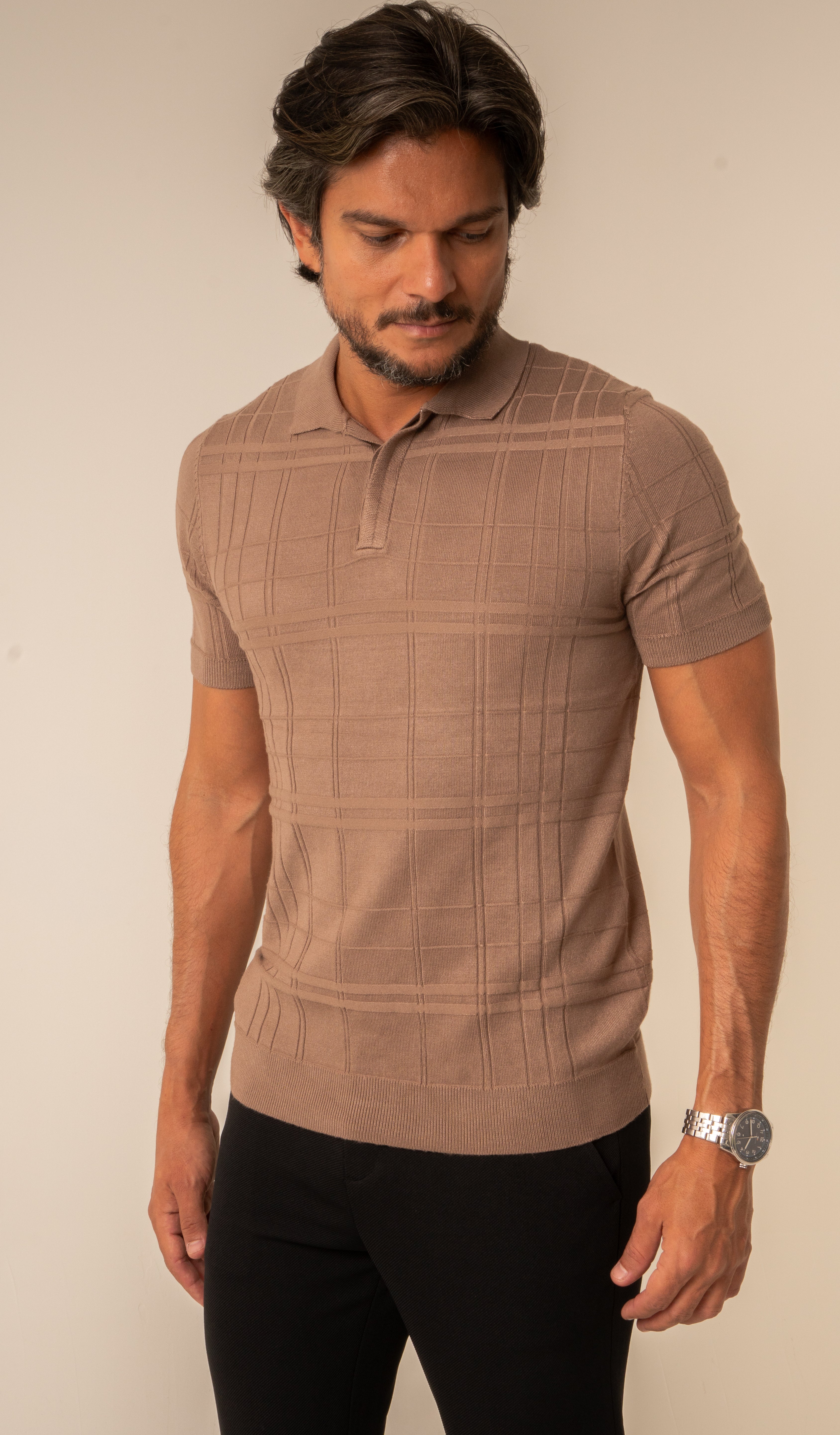 Polo Masculina Tricot Texturizada Marrom