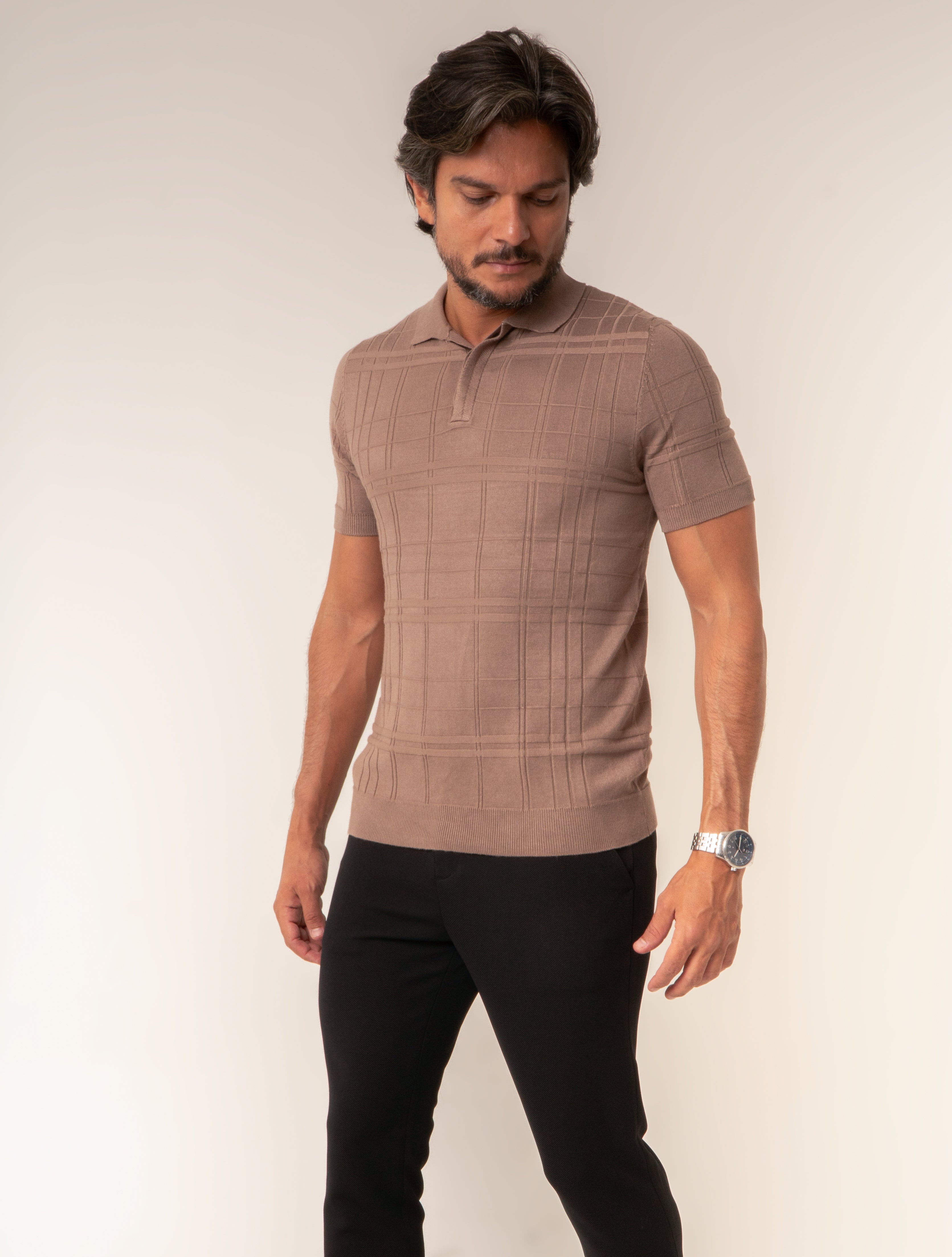 Polo Masculina Tricot Texturizada Marrom