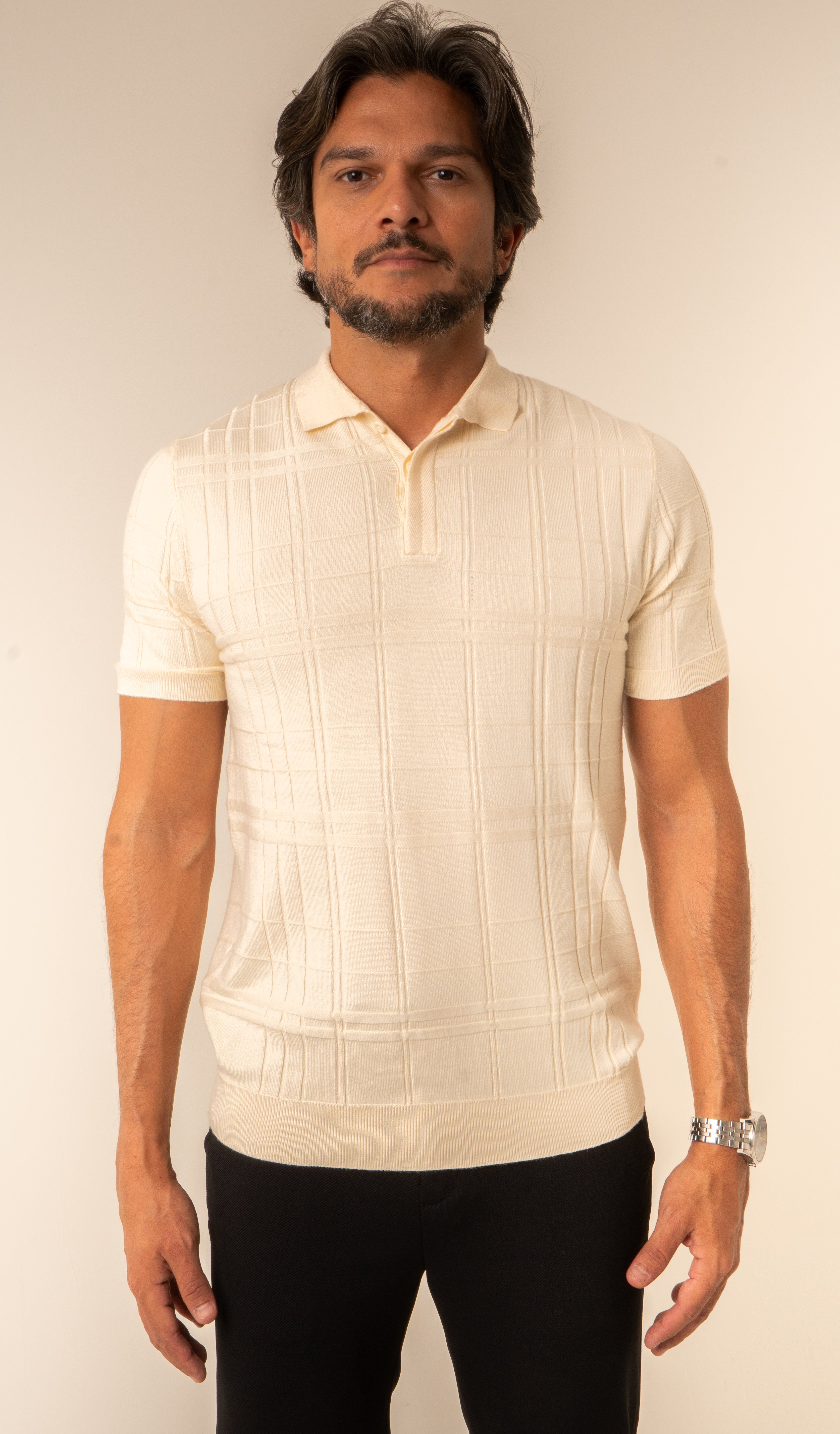 Polo Masculina Tricot Texturizada Bege