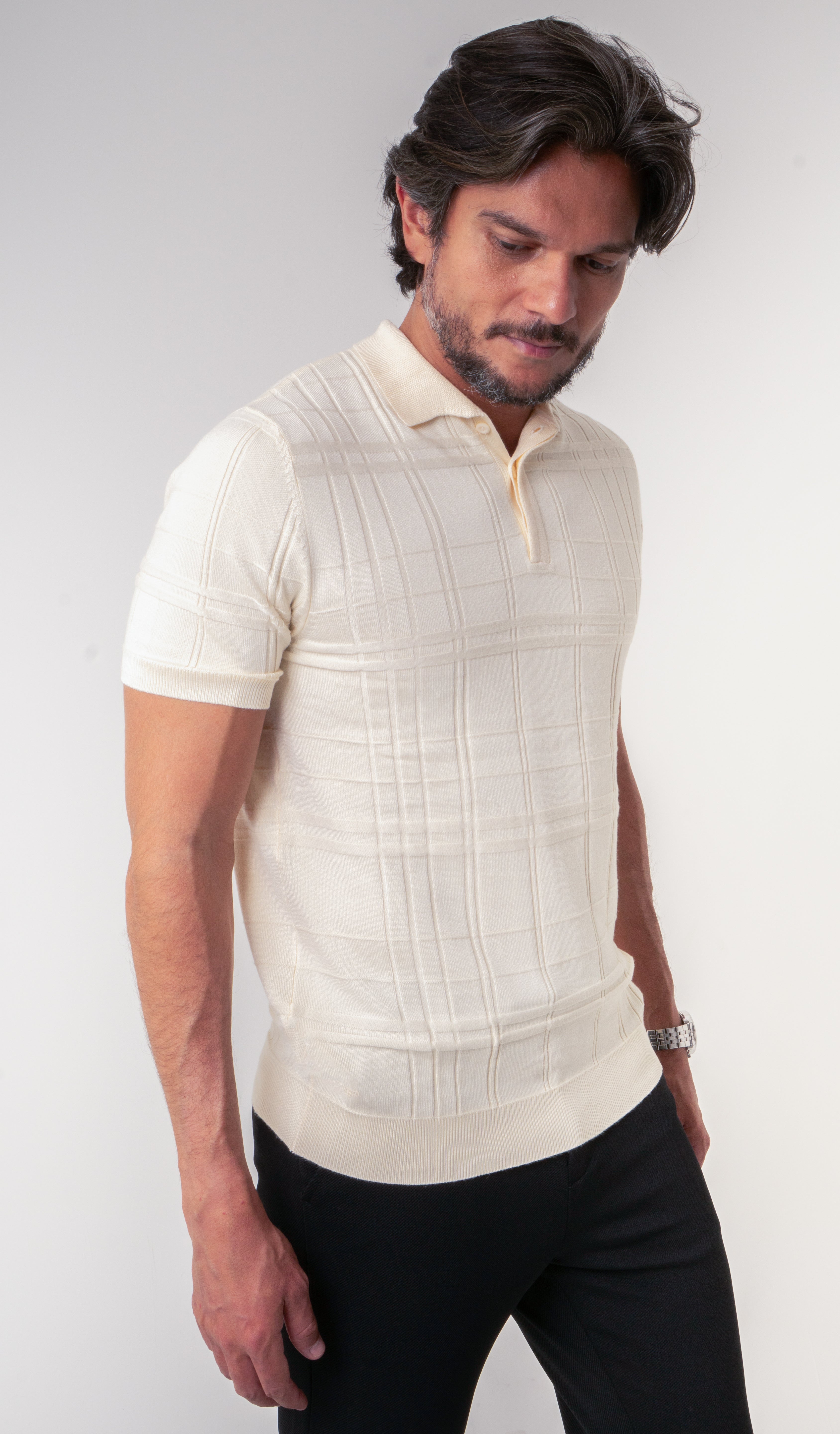 Polo Masculina Tricot Texturizada Bege
