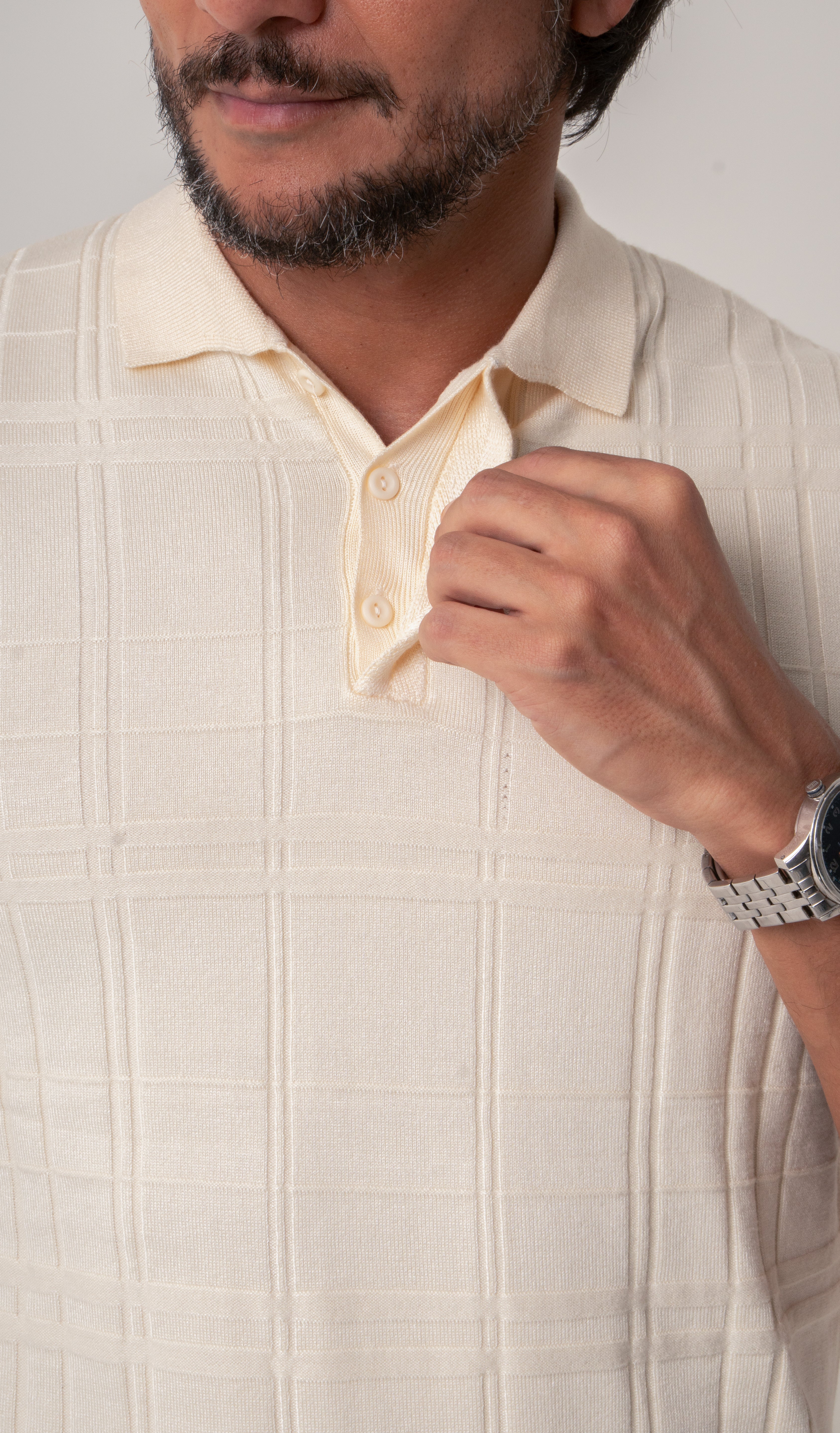 Polo Masculina Tricot Texturizada Bege