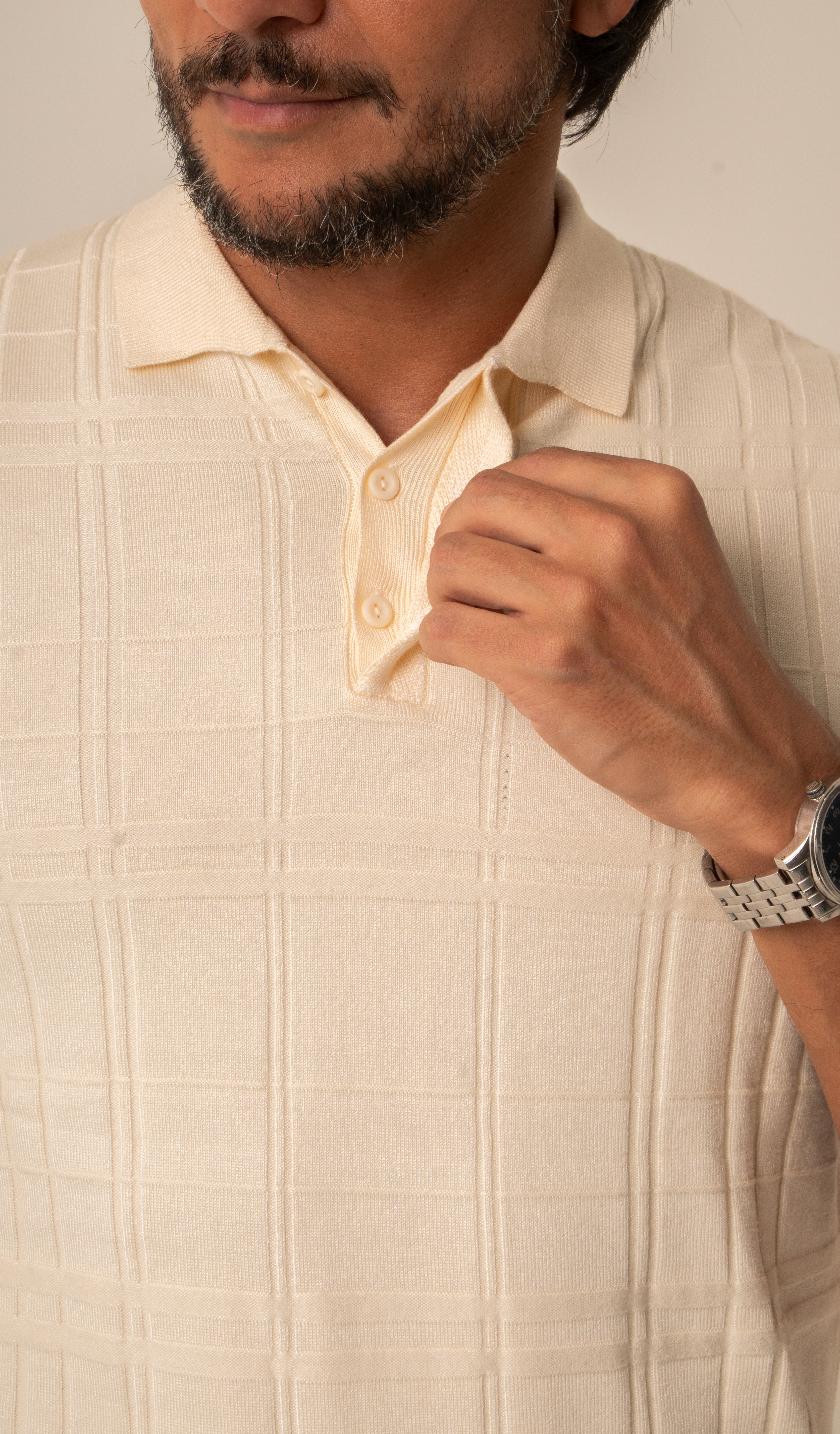 Polo Masculina Tricot Texturizada Bege