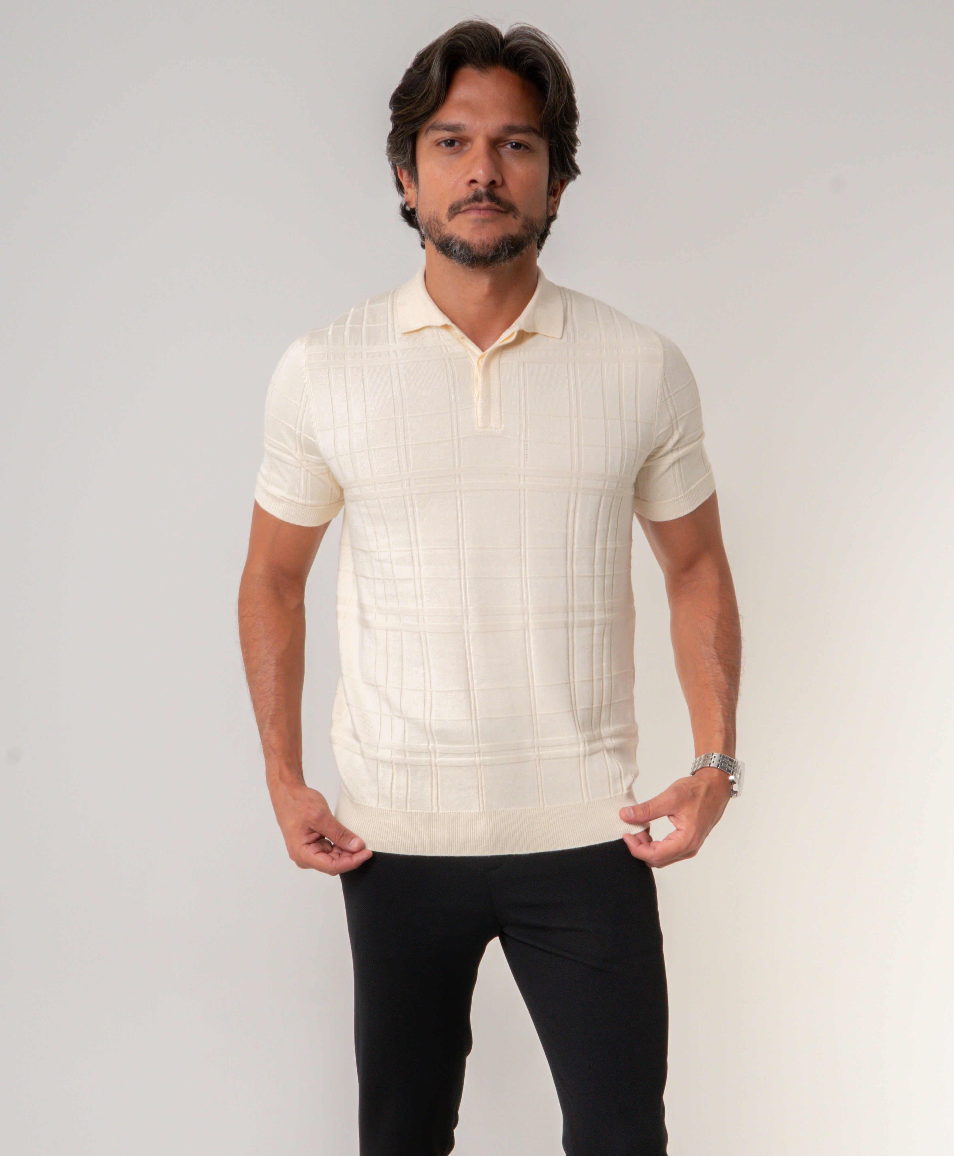 Polo Masculina Tricot Texturizada Bege