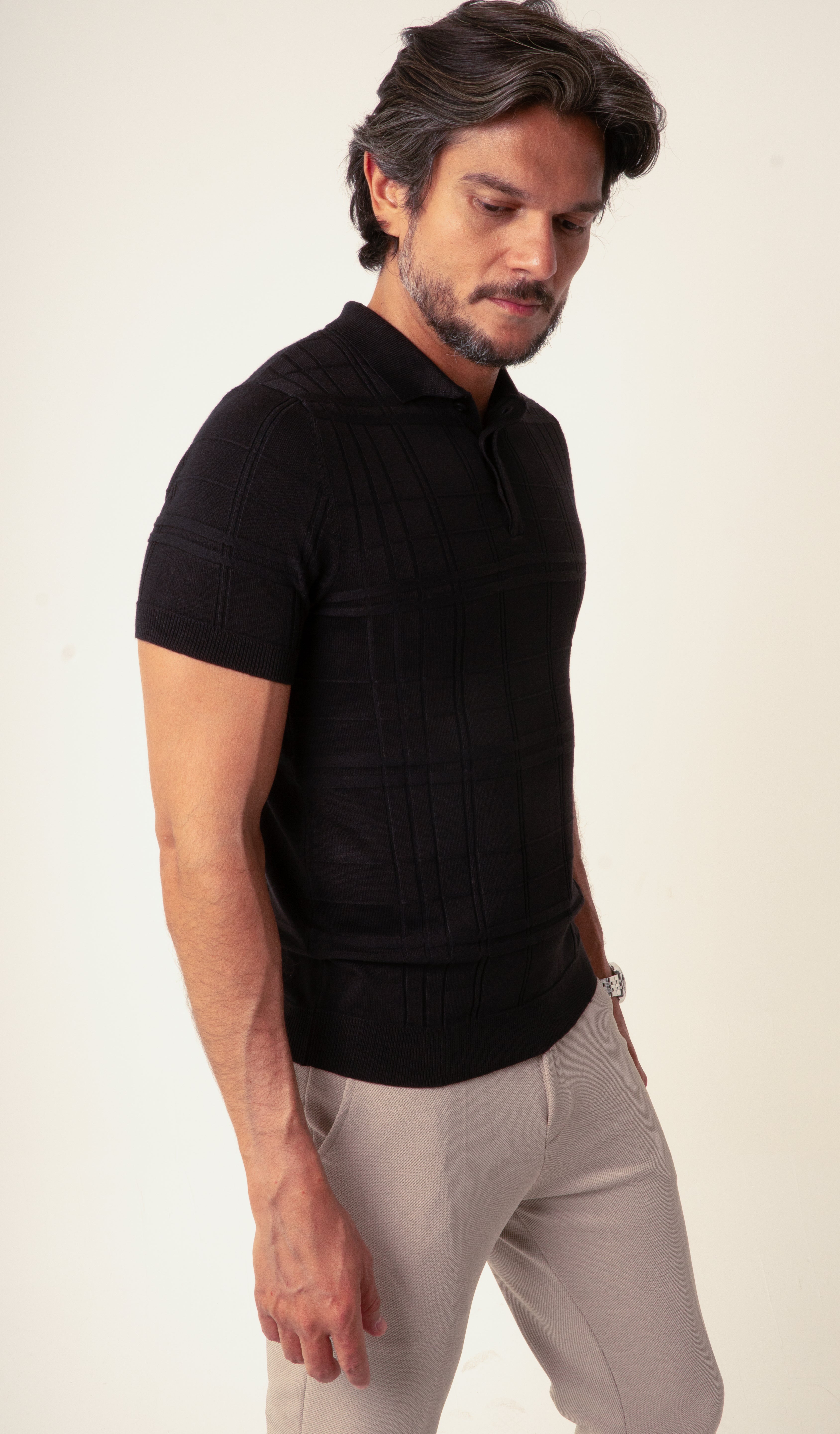Polo Masculina Tricot Texturizada Preto