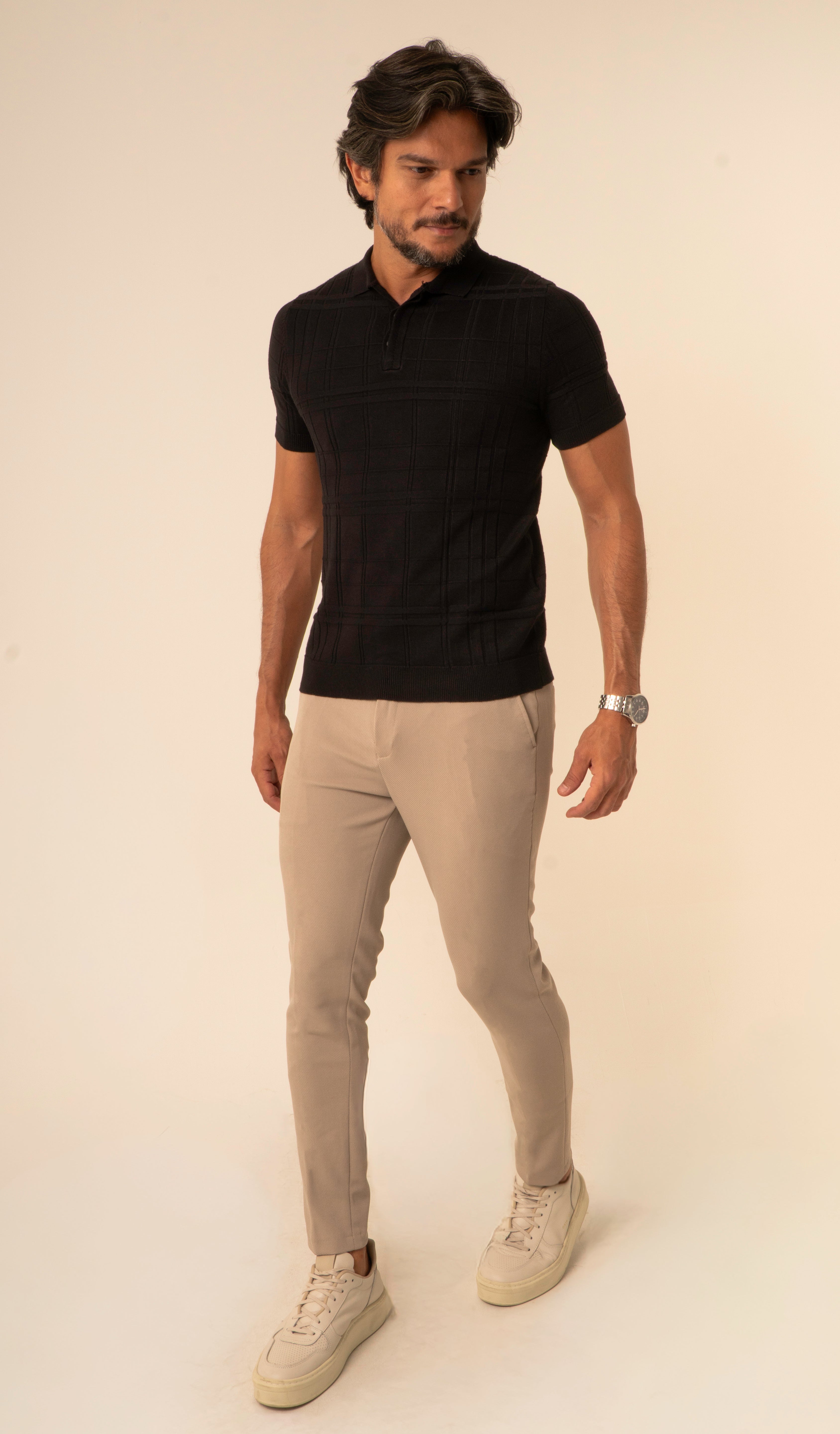 Polo Masculina Tricot Texturizada Preto